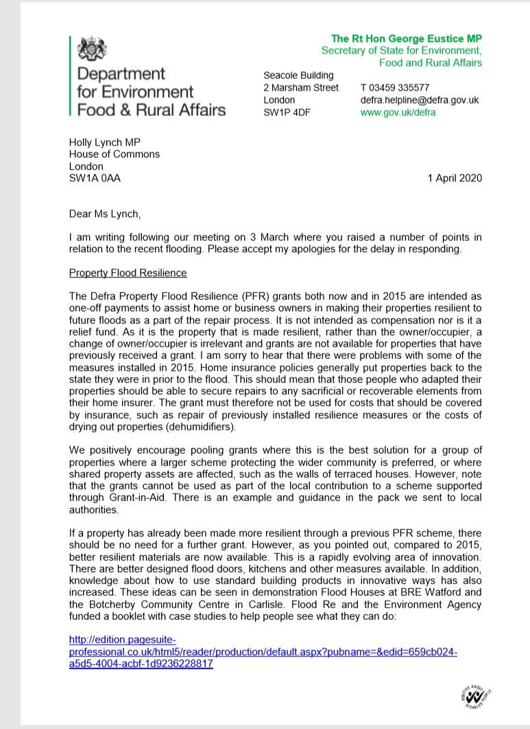 page 1 of Floods Minister letter
