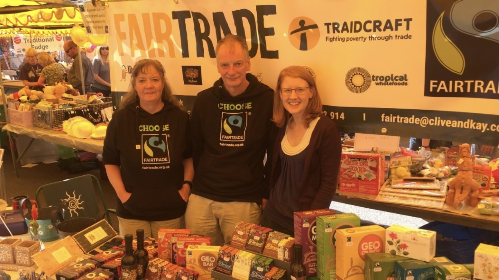 Kay with husband Clive and myself running a Fairtrade stall